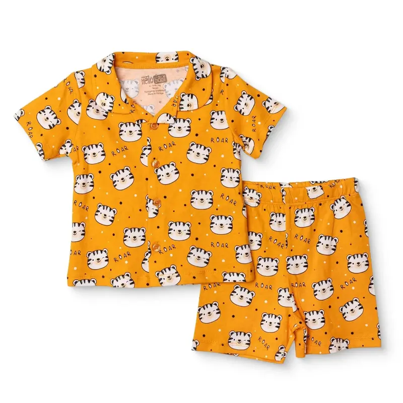 Hellobaby Boys Short Sleeve Pyjamas Set Animal Print Buttoned Peter Pan Collar Short Length Short Sl - Orange 1