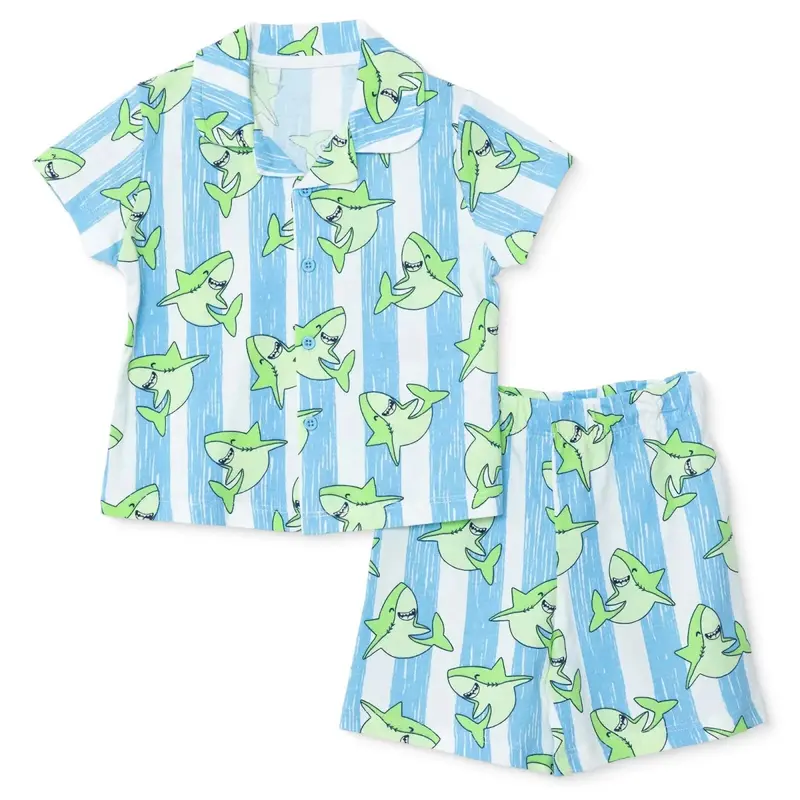 Hellobaby Boys Short Sleeve Pyjamas Set Animal With Buttons Shirt Collar Short Leg Short Sleeve - Blue 1