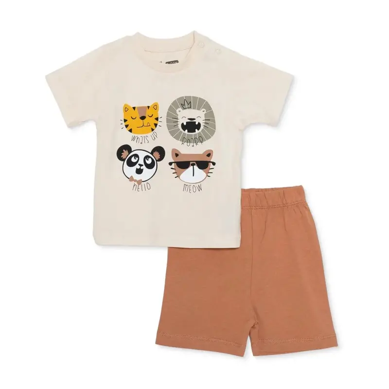 Hellobaby Boys Short Sleeve Pyjamas Set Animal With Poppers Crew Neck Short Leg Short Sleeve - Beige 1