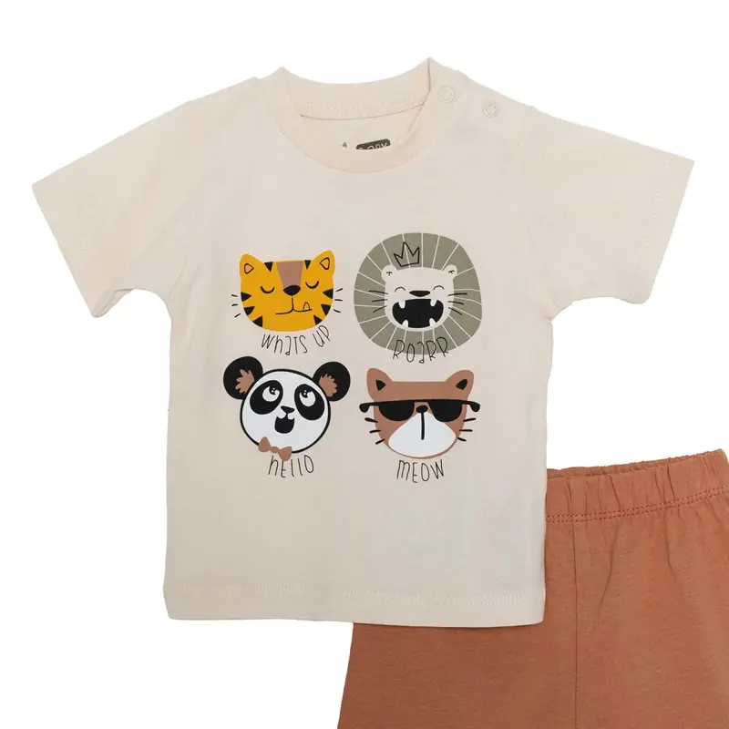 Hellobaby Boys Short Sleeve Pyjamas Set Animal With Poppers Crew Neck Short Leg Short Sleeve - Beige 3