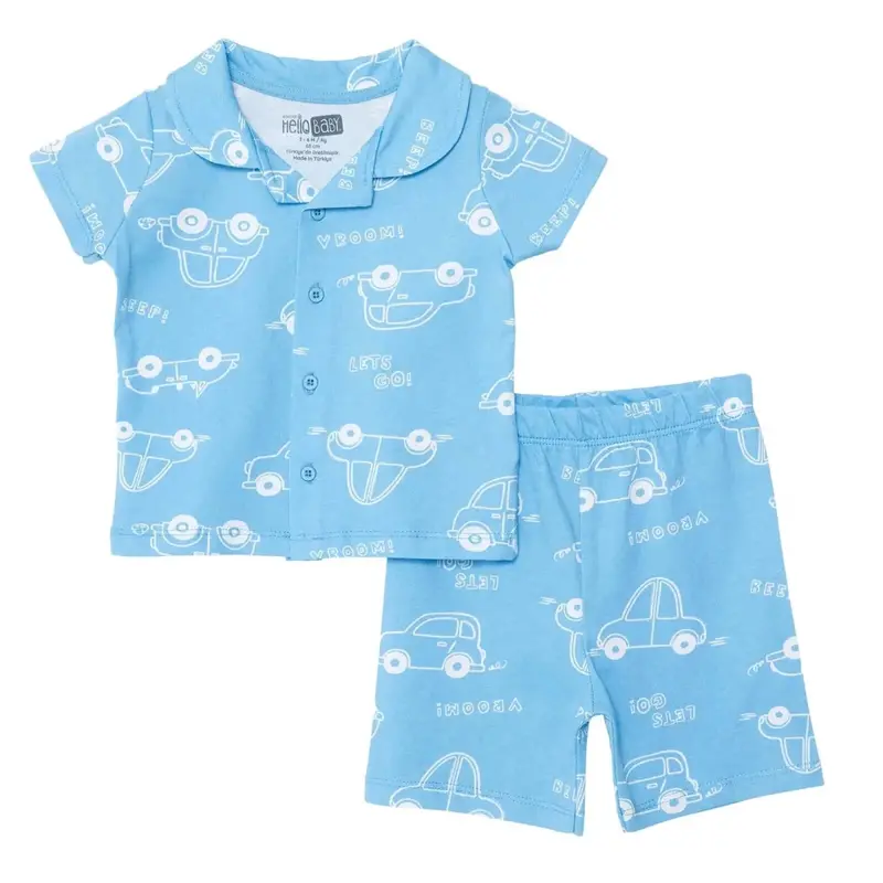 Hellobaby Boys Short Sleeve Pyjamas Set Car Print Buttoned Shirt Collar Short Length Short Sleeve - Blue 1