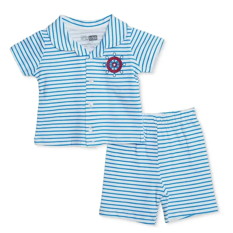 Hellobaby Boys Short Sleeve Pyjamas Set Nautical Print Buttoned Shirt Collar Short Length Short Slee - Light Blue 1