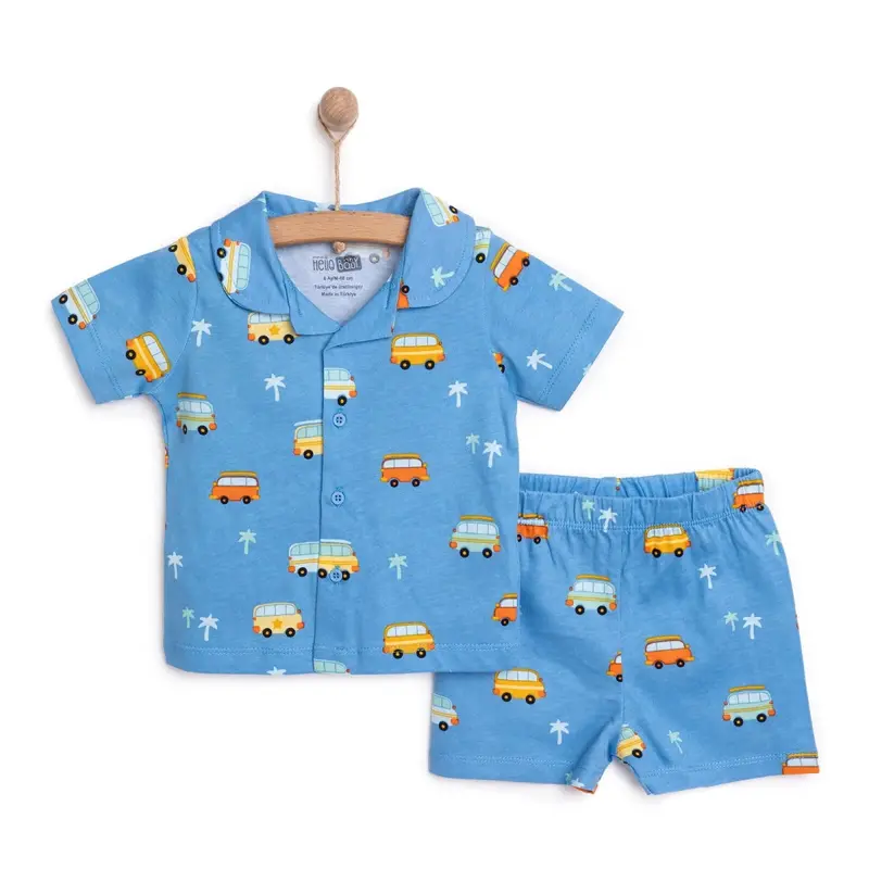 Hellobaby Boys Short Sleeve Pyjamas Set Vehicles With Buttons Peter-Pan Collar Short Leg Short Sleev - Blue 1
