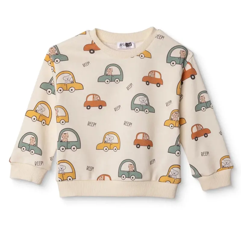 Hellobaby Boys Sweatshirt Car Print Little Car Crew Neck Long Sleeve - Ecru Printed 1