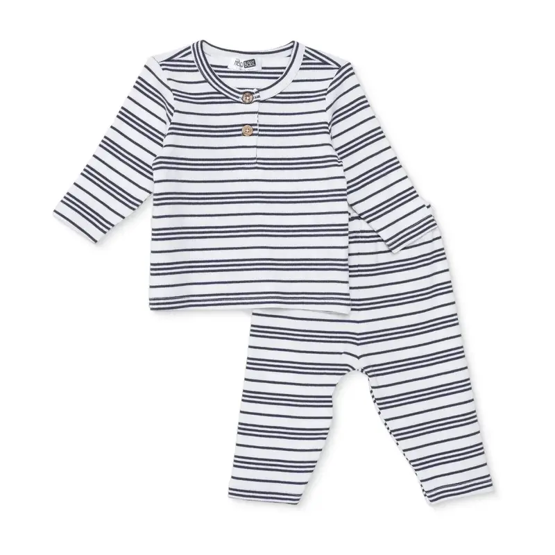Hellobaby Boys Sweatshirt & Footless Bottom Set Striped Buttoned Crew Neck Full Length Long Sleeve - Ecru Printed 1