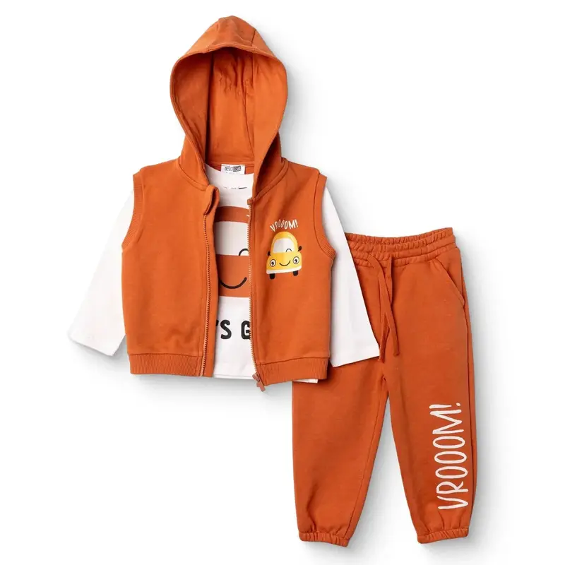 Hellobaby Boys Sweatshirt Waistcoat & Bottom Set Vehicle Print Zip Fastening Little Car Crew Neck Fu - Dark Orange 1