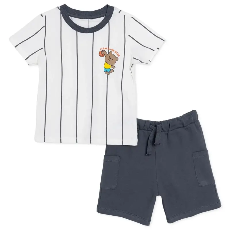 Hellobaby Boys T-Shirt-Short Striped Lace-Up Little Sports Peter-Pan Collar Long Leg Short Sleeve - Ecru Printed 1