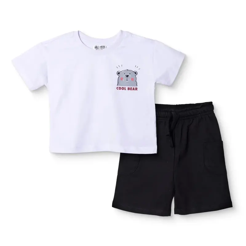 Hellobaby Boys T-Shirt & Shorts Set Bear Print Lace-Up Crew Neck Above The Knee Short Sleeve - White 1
