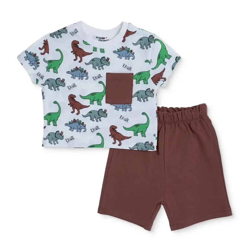 Hellobaby Boys T-Shirt & Shorts Set Dinosaur Print Crew Neck Above The Knee Short Sleeve - Ecru Printed 1