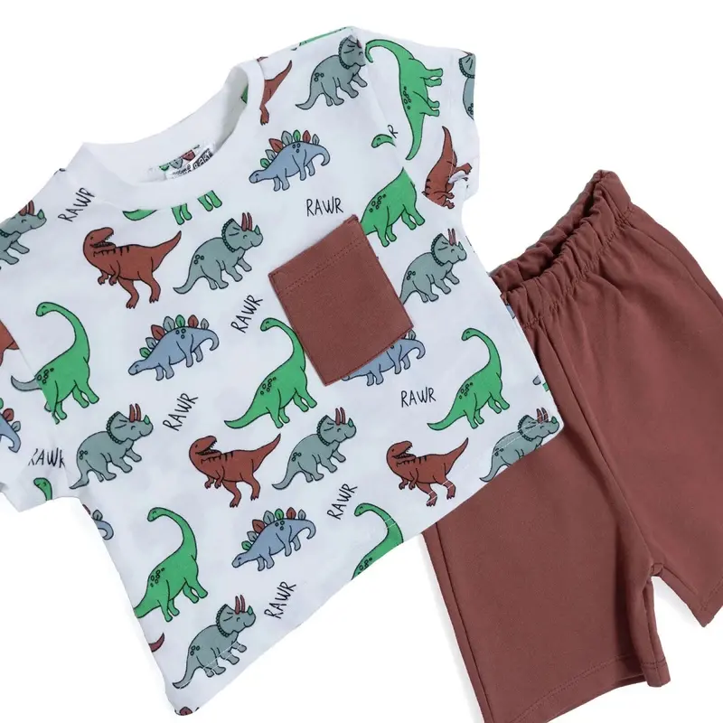 Hellobaby Boys T-Shirt & Shorts Set Dinosaur Print Crew Neck Above The Knee Short Sleeve - Ecru Printed 3