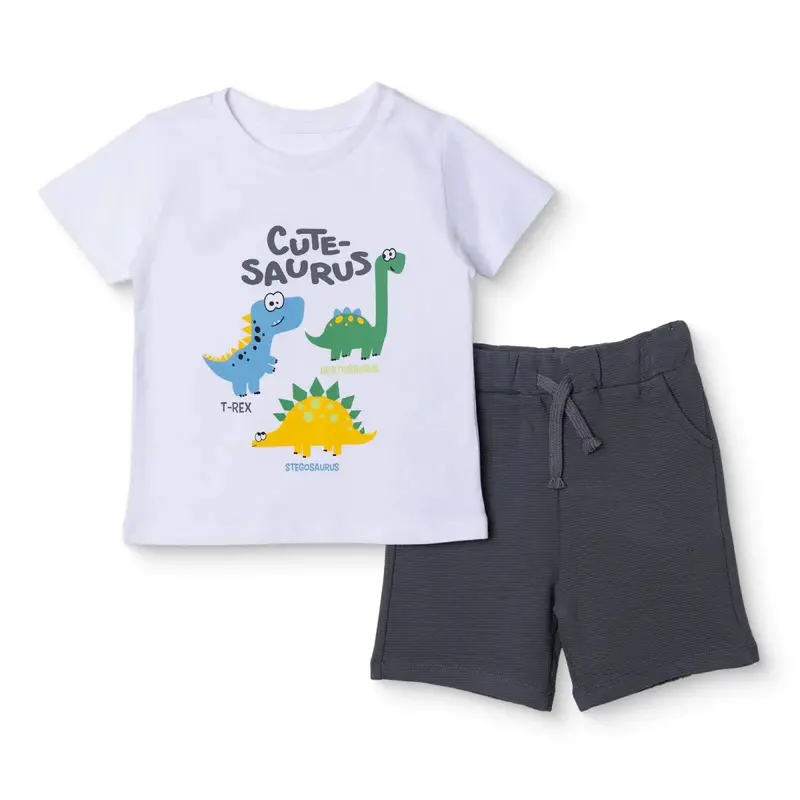 Hellobaby Boys T-Shirt & Shorts Set Dinosaur Print Lace-Up Crew Neck Above The Knee Short Sleeve - White 1