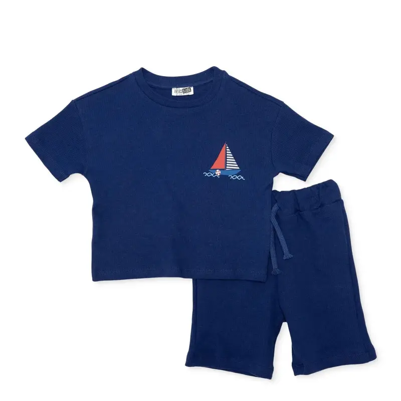 Hellobaby Boys T-Shirt & Shorts Set Nautical Print Little Sailor Crew Neck Short Length Short Sleeve - Navy Blue 1