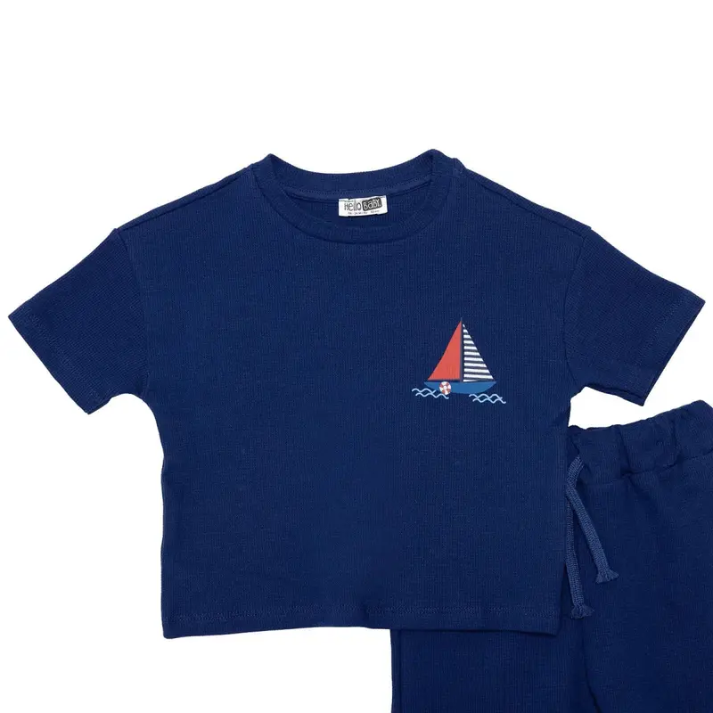 Hellobaby Boys T-Shirt & Shorts Set Nautical Print Little Sailor Crew Neck Short Length Short Sleeve - Navy Blue 3