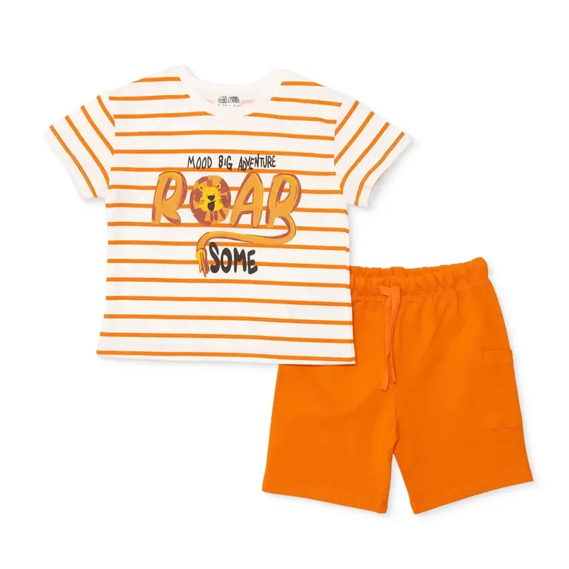 Hellobaby Boys T-Shirt & Shorts Set Slogan Print Lace-Up Crew Neck Above The Knee Short Sleeve - Orange Printed 1