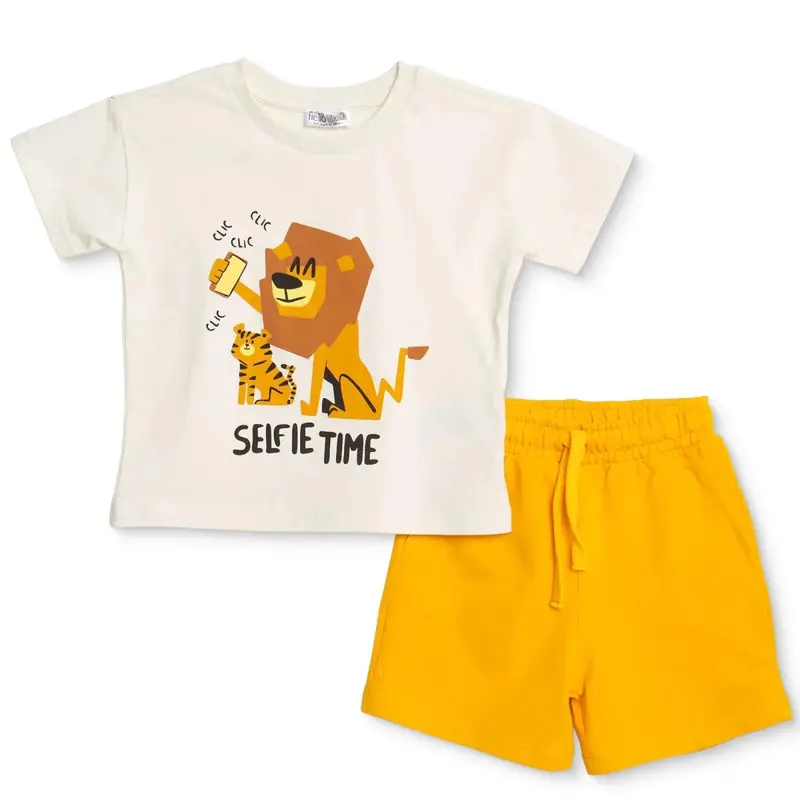 Hellobaby Boys T-Shirt & Shorts Set Tiger Print Lace-Up Crew Neck Above The Knee Short Sleeve - Ecru 1