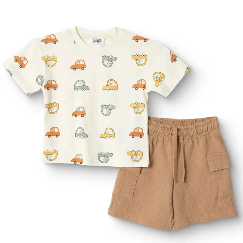 Hellobaby Boys T-Shirt & Shorts Set Vehicle Print Little Car Crew Neck Short Length Short Sleeve - Ecru Printed 1