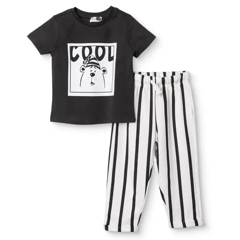 Hellobaby Boys T-Shirt & Trousers Set Bear Print Cool Boy Crew Neck Full Length Short Sleeve - Anthracite 1