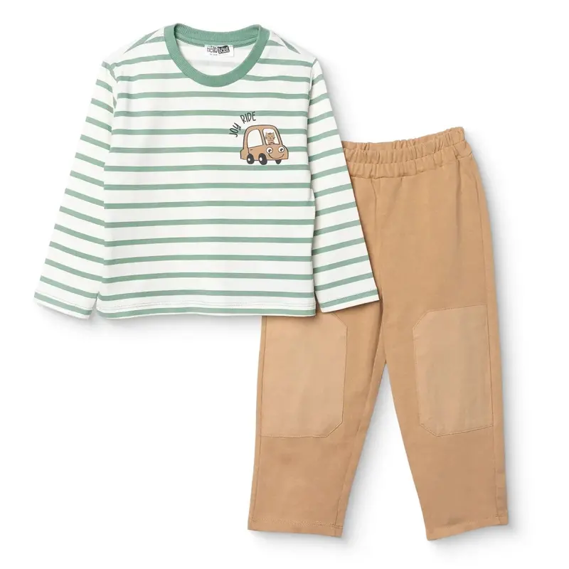 Hellobaby Boys T-Shirt & Trousers Set Vehicle Print Little Car Crew Neck Full Length Long Sleeve - Green Printed 1