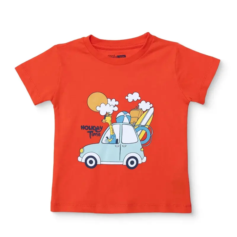 Hellobaby Boys T-Shirt Vehicle Print Crew Neck Short Sleeve - Coral 1