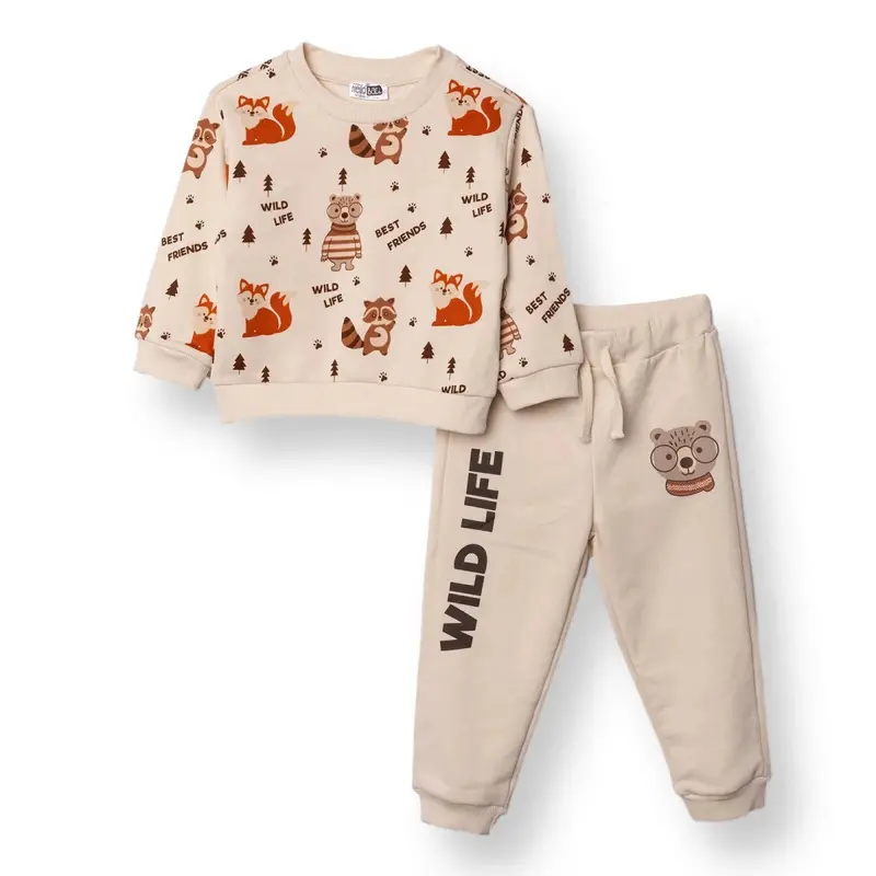 Hellobaby Boys Tracksuit Animal Woodland 1 Crew Neck Long Leg Long Sleeve - Ecru 1