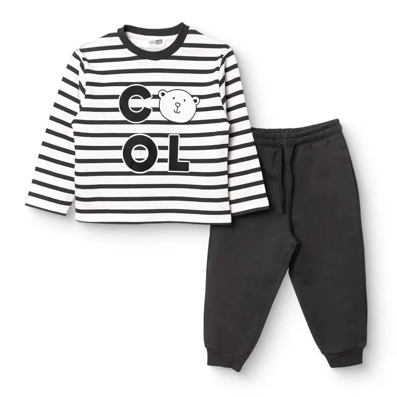 Hellobaby Boys Tracksuit Set Bear Print Lace-Up Cool Boy Crew Neck Full Length Long Sleeve - Black Printed 1