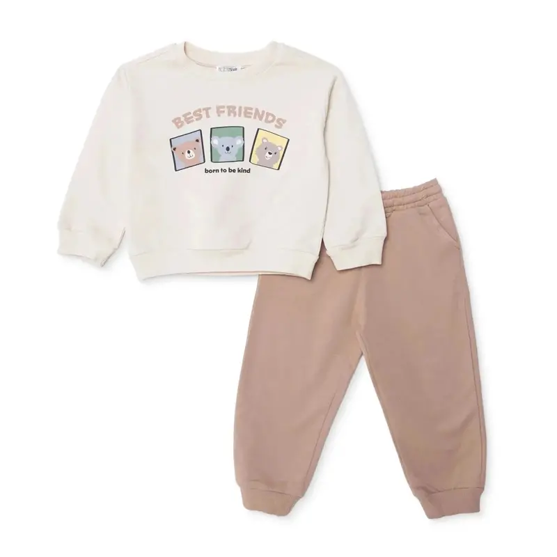 Hellobaby Boys Tracksuit Set Bear Print Lace-Up Crew Neck Full Length Long Sleeve - Ecru 1