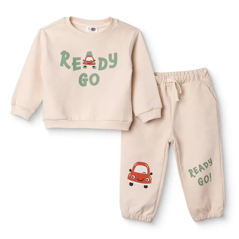 Hellobaby Boys Tracksuit Set Car Print Little Car Crew Neck Full Length Long Sleeve - Ecru 1