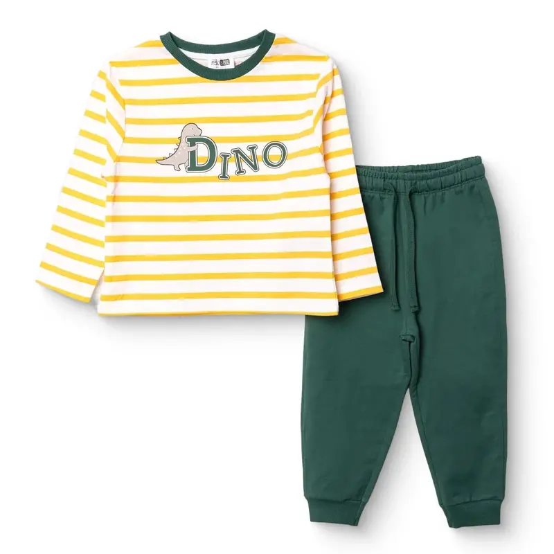 Hellobaby Boys Tracksuit Set Dinosaur Print Lace-Up Crew Neck Full Length Long Sleeve - Yellow Printed 1