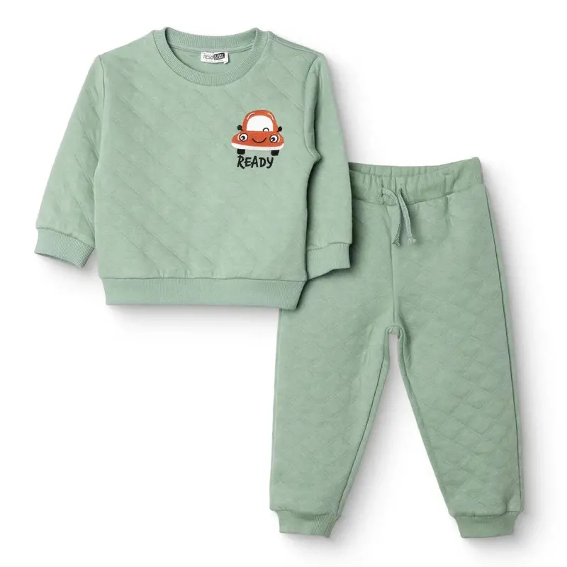 Hellobaby Boys Tracksuit Vehicles Little Car Crew Neck Long Leg Short Sleeve - Green 1