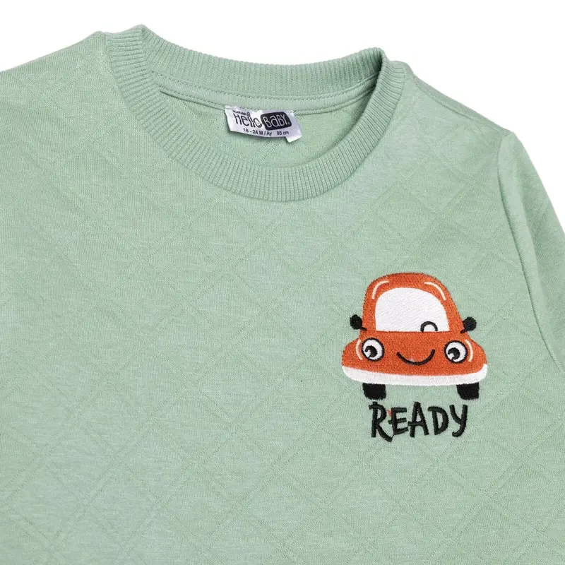 Hellobaby Boys Tracksuit Vehicles Little Car Crew Neck Long Leg Short Sleeve - Green 3