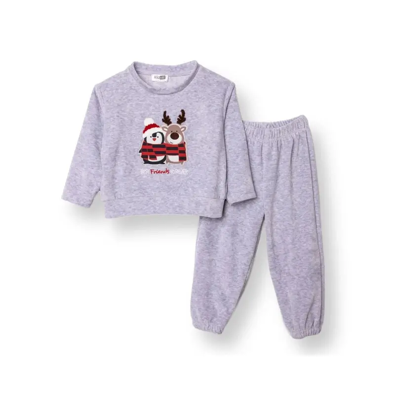 Hellobaby Boys Velvet Pyjama Set Animal With Poppers Christmas Crew Neck Long Leg Long Sleeve - Grey 1