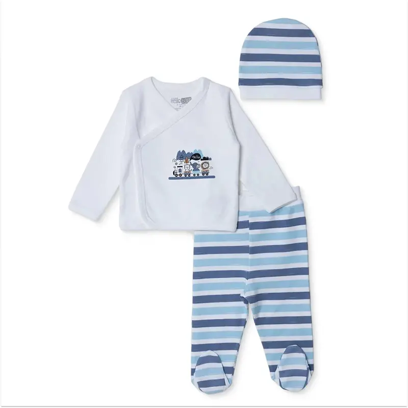 Hellobaby Boys Vest Hat & Footed Bottom Set Animal Print Snap Fastening V-Neck Full Length Long Slee - Blue 1