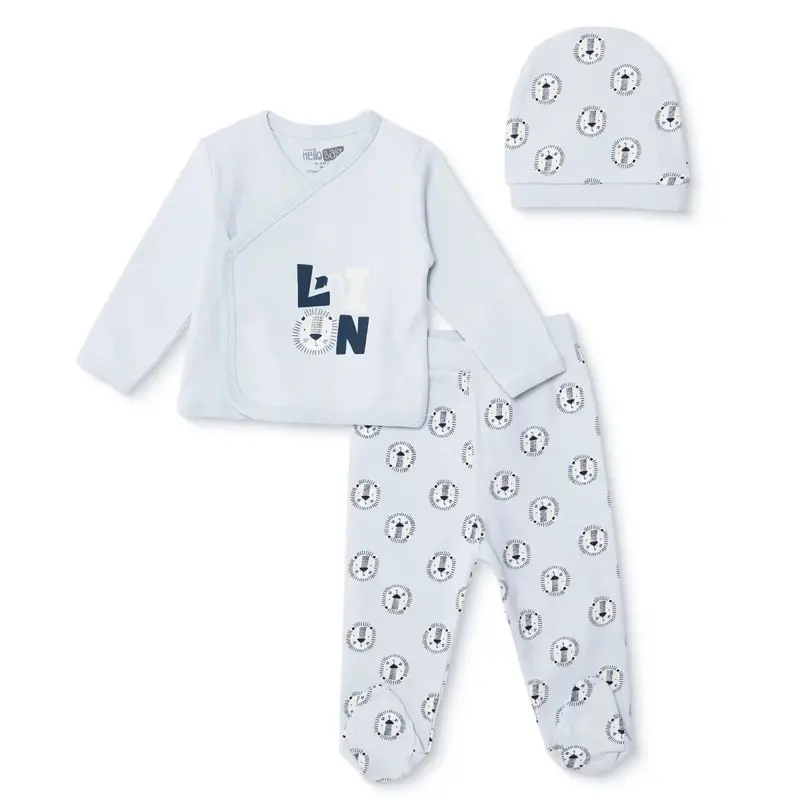 Hellobaby Boys Vest Hat & Footed Bottom Set Car Print Snap Fastening V-Neck Full Length Long Sleeve - Blue 1