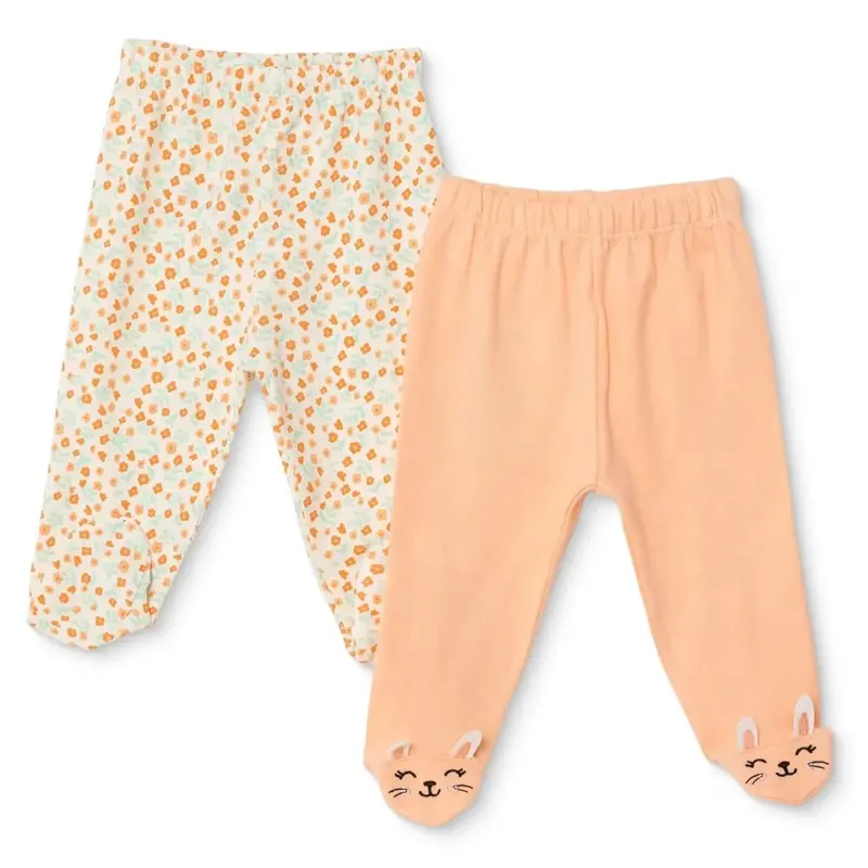 Hellobaby Girls 2-Pack Footed Trousers Floral Print Full Length - Salmon 1