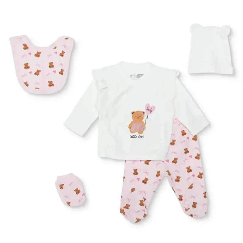 Hellobaby Girls 5-Piece Newborn Hospital Box Set Animal Print Snap Fastening Envelope Neck Full Leng - Ecru 1