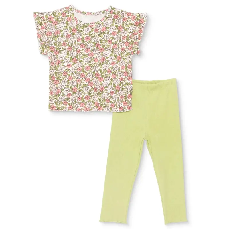 Hellobaby Girls Blouse-Leggings Flower Pastel Dreams Crew Neck Long Leg Short Sleeve - Ecru Printed 1