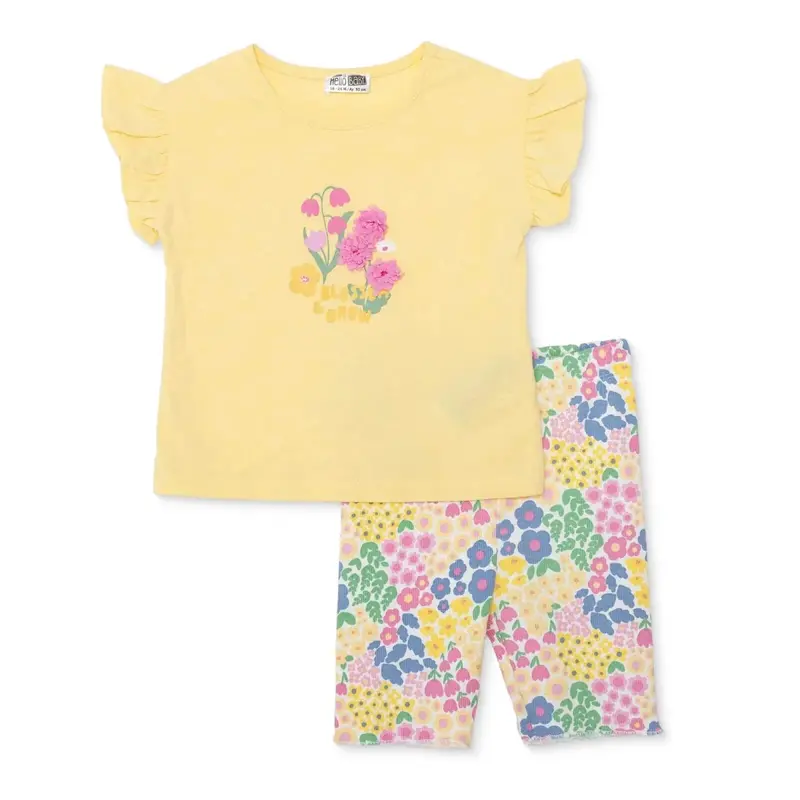 Hellobaby Girls Blouse & Leggings Set Ditsy Flower Crew Neck Full Length Short Sleeve - Yellow 1