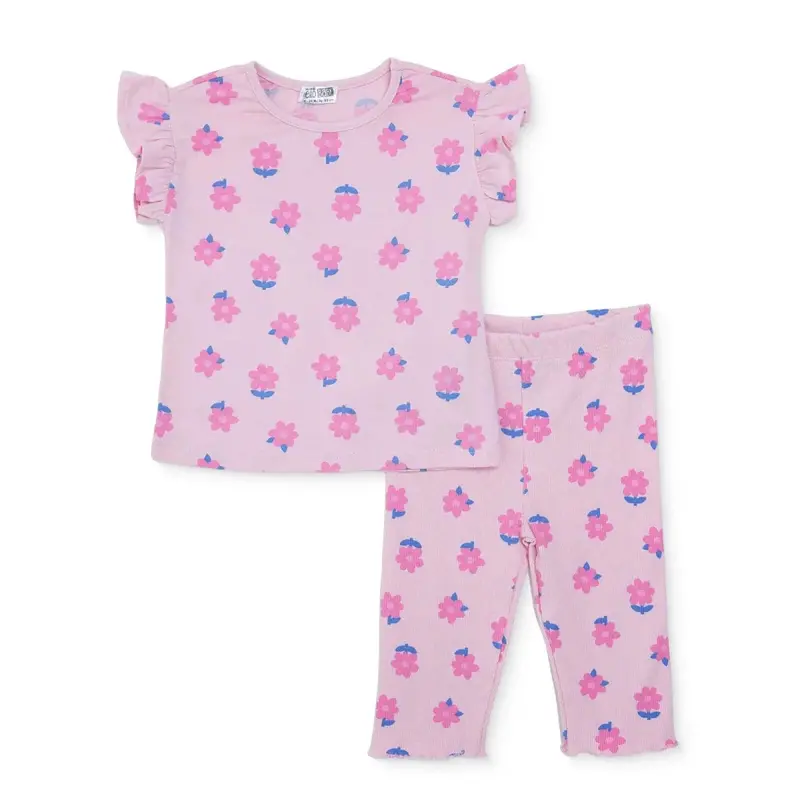 Hellobaby Girls Blouse & Leggings Set Floral Print Ditsy Flower Crew Neck Full Length Short Sleeve - Pink Printed 1