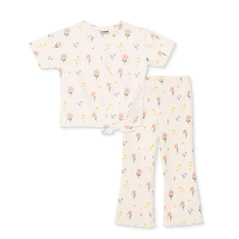 Hellobaby Girls Blouse & Leggings Set Floral Print Flower Garden Crew Neck Full Length Short Sleeve - Ecru Printed 1