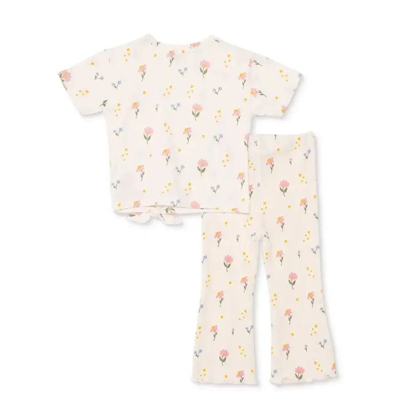 Hellobaby Girls Blouse & Leggings Set Floral Print Flower Garden Crew Neck Full Length Short Sleeve - Ecru Printed 2