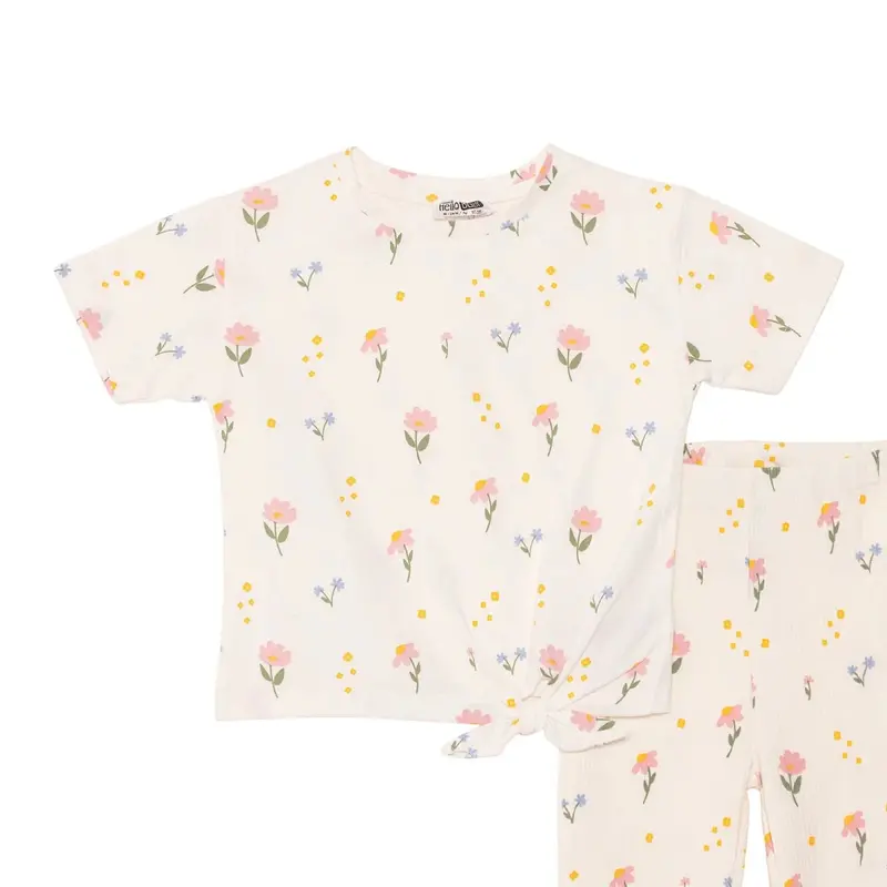 Hellobaby Girls Blouse & Leggings Set Floral Print Flower Garden Crew Neck Full Length Short Sleeve - Ecru Printed 3