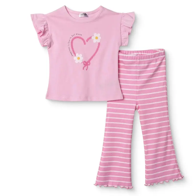 Hellobaby Girls Blouse & Leggings Set Heart Print Ditsy Flower Crew Neck Full Length Short Sleeve - Pink 1