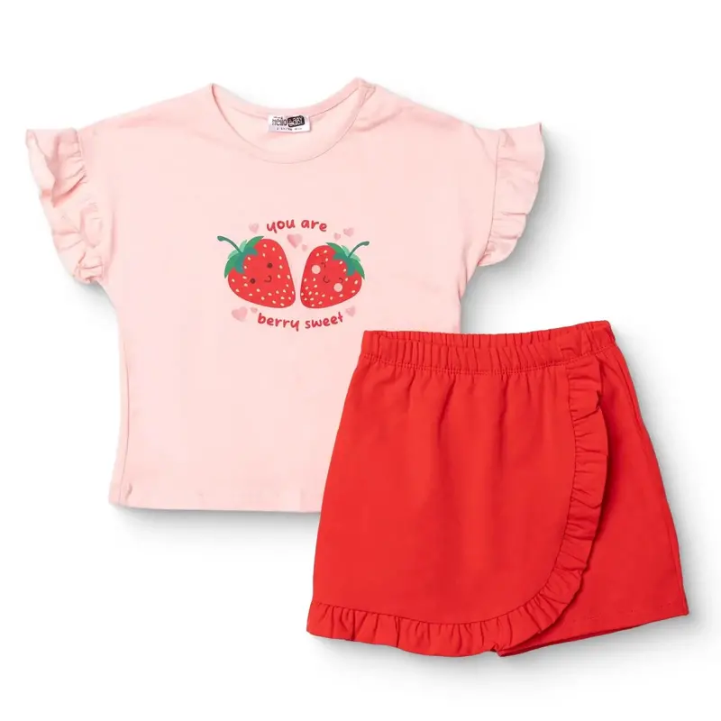 Hellobaby Girls Blouse & Shorts Set Strawberry Print Berry Belle Crew Neck Short Length Short Sleeve - Pink 1
