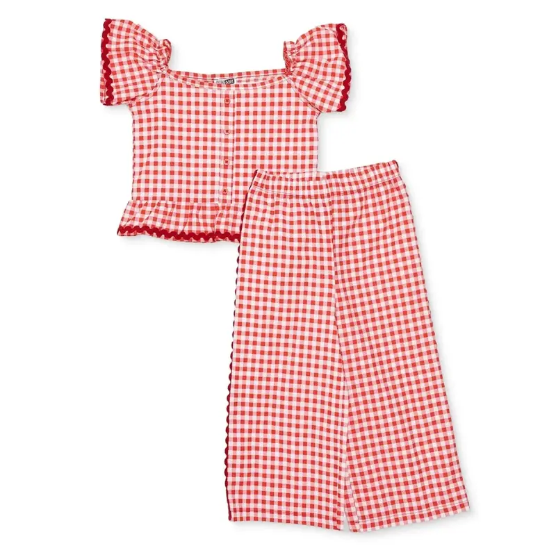 Hellobaby Girls Blouse & Trousers Set Check Print Buttoned Berry Belle Decorative Collar Full Length - Pink 1