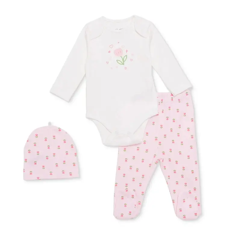 Hellobaby Girls Body-Footed Bottom-Hat Flower With Poppers Crew Neck Long Leg Long Sleeve - Ecru 1