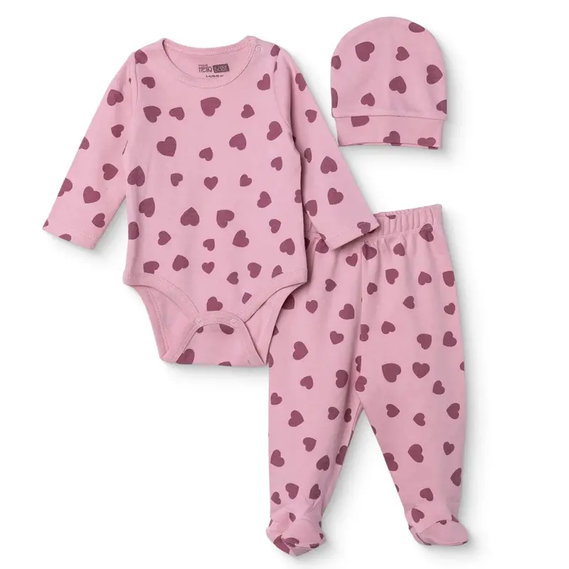 Hellobaby Girls Bodysuit Footed Bottom & Hat Set Heart Print Snap Fastening Crew Neck Full Length Lo - Pink 1