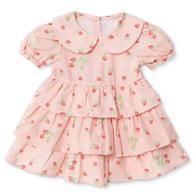 Hellobaby Girls Dress Cherry Print Buttoned Berry Belle Peter Pan Collar Short Sleeve - Pink Printed 1