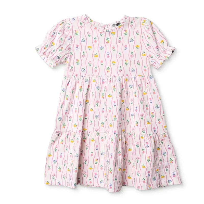 Hellobaby Girls Dress Ditsy Flower Crew Neck Short Sleeve - Ecru Printed 1
