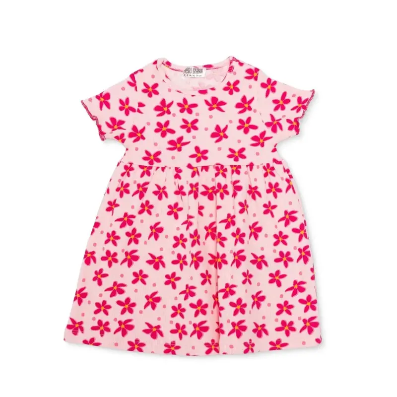 Hellobaby Girls Dress Floral Print Buttoned Crew Neck Short Sleeve - Pink Printed 1