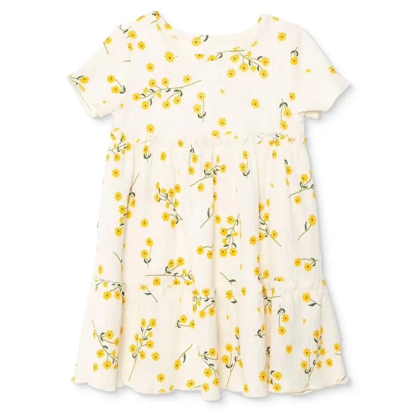 Hellobaby Girls Dress Floral Print Buttoned Sun Flower Crew Neck Short Length Short Sleeve - Ecru Printed 1